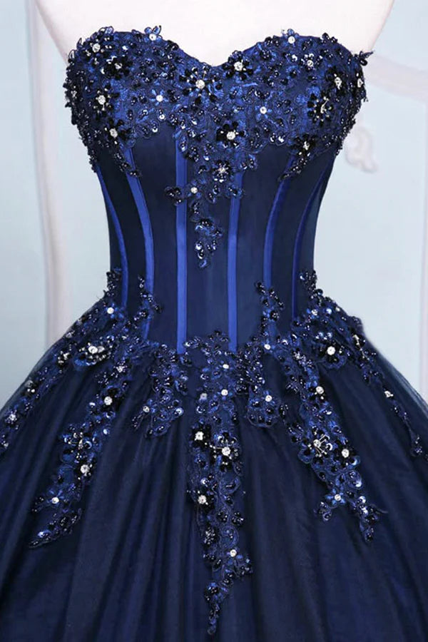 Wholesale Dark Blue Tulle Lace Princess Dress Beautiful A-Line Strapless Long Prom Dress